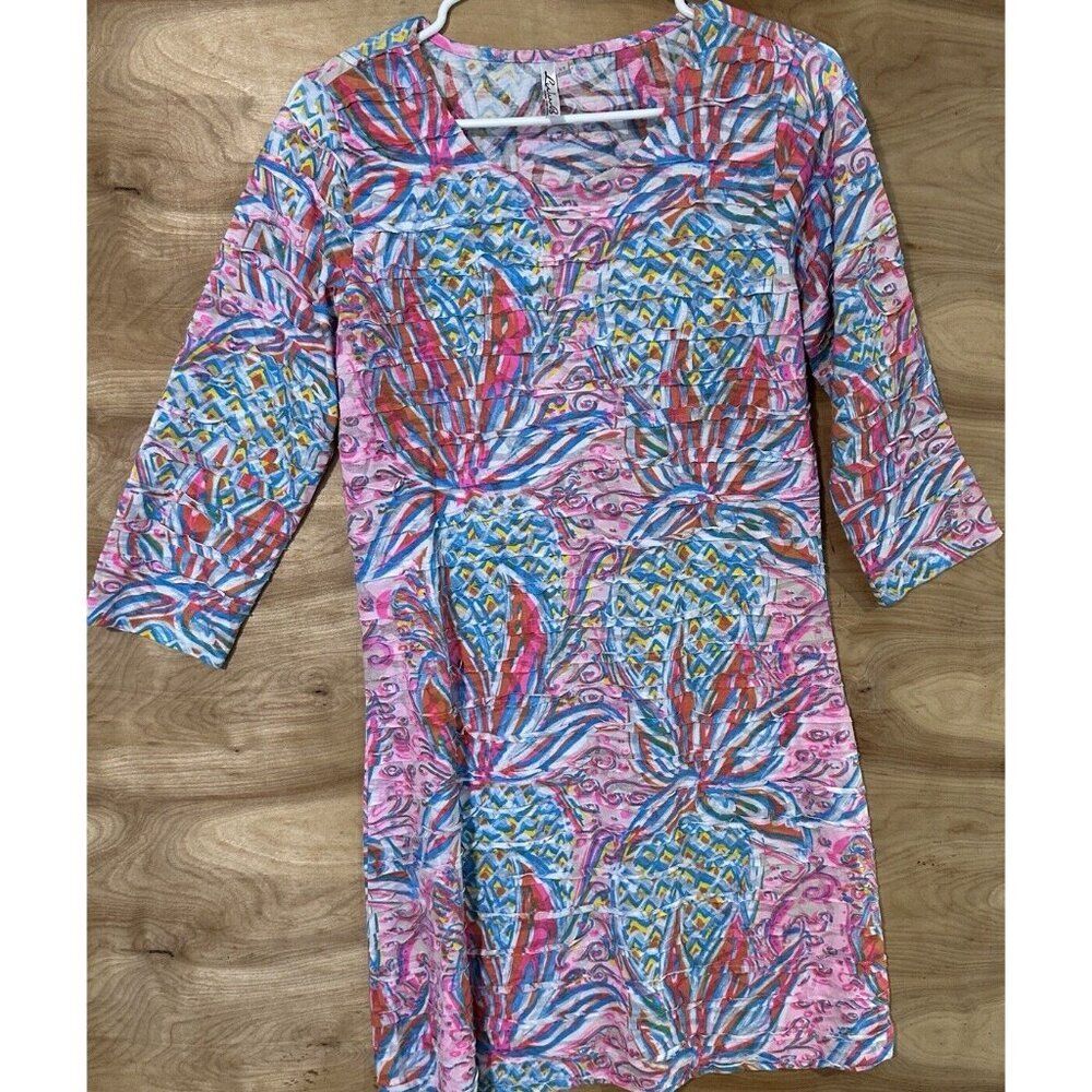 Lulu B Dress Woman’s XS 3/4 Sleeve Cotton Blend Ruffled Pineapple V Neck